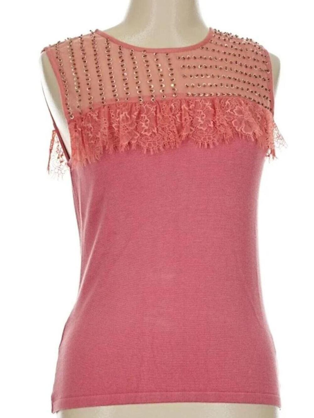 NEW Blank London $118 Medium Pink Gold Sleeveless Beaded Fringe Sleeveless Top